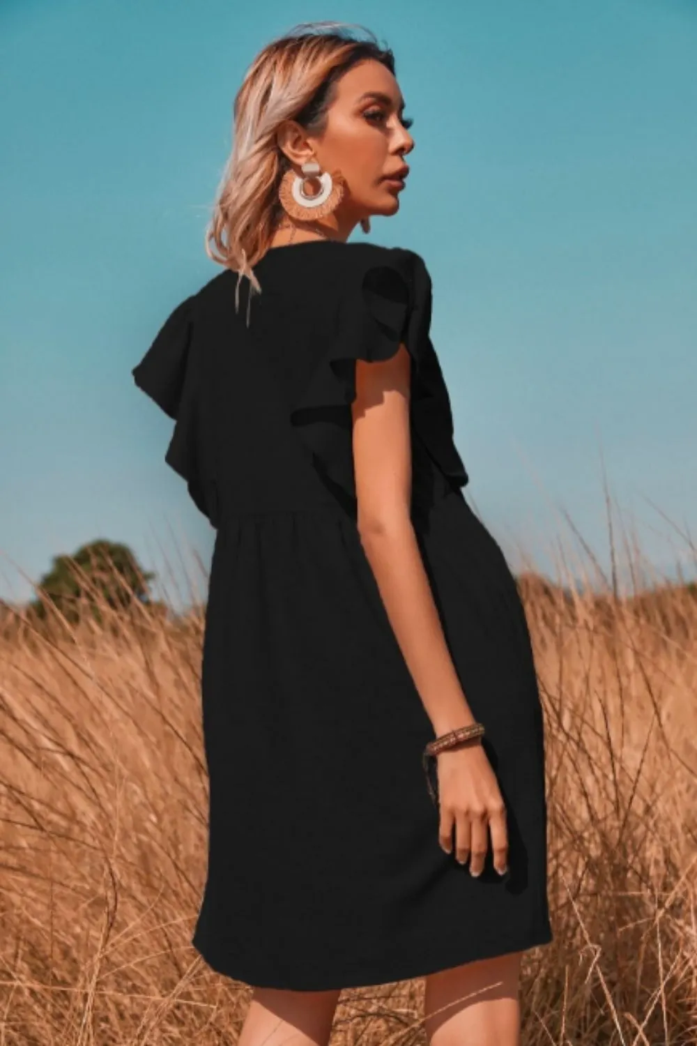Button Down Ruffle Sleeve Flare Mini Dress