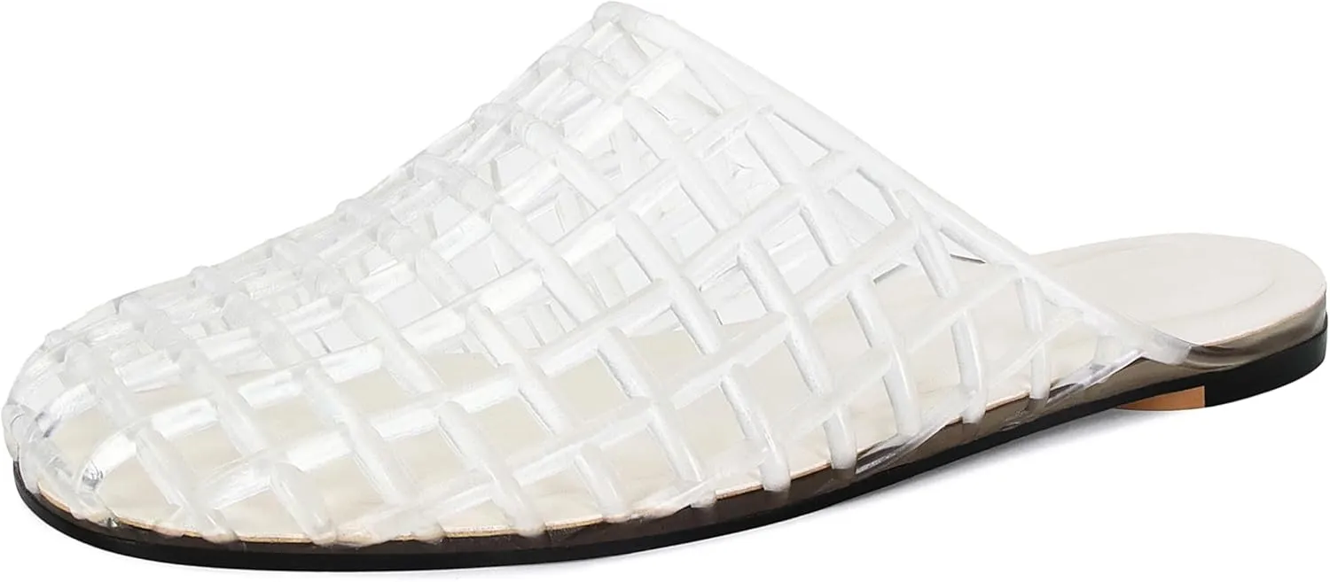 Clear Jelly Flats for Women Closed Toe Mesh Hollow Jellies Mule Sandals Slip On Jelly Slides Casual Comfortable Summer Beach Slipper Sandals