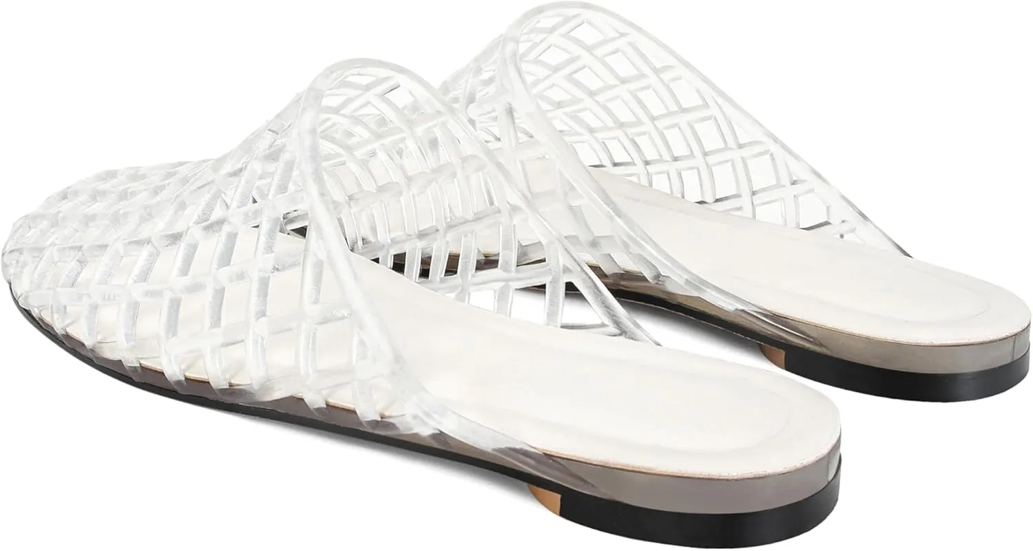 Clear Jelly Flats for Women Closed Toe Mesh Hollow Jellies Mule Sandals Slip On Jelly Slides Casual Comfortable Summer Beach Slipper Sandals