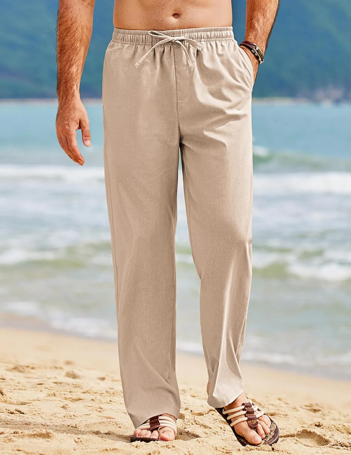 COOFANDY Men's Linen Pants Drawstring Casual Loose Fit Beach Summer Pants Lightweight Linen Trousers Yoga Pants