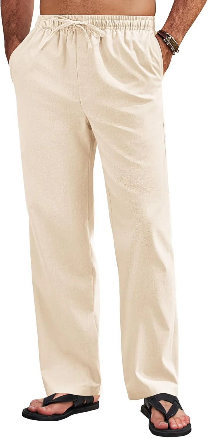 COOFANDY Men's Linen Pants Drawstring Casual Loose Fit Beach Summer Pants Lightweight Linen Trousers Yoga Pants