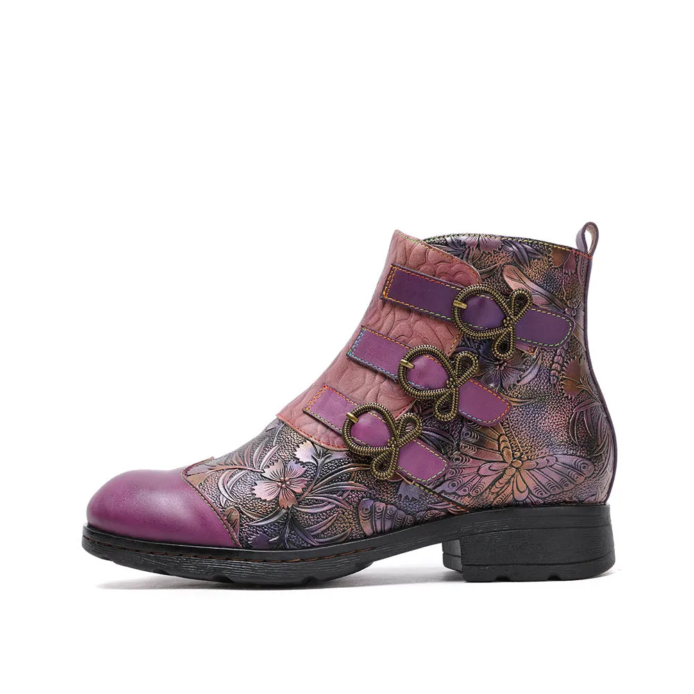 CrazycatZ Womens  Boots Bohemian Block Heels Leather Boots Colorful Leather Ankle Boots Purple