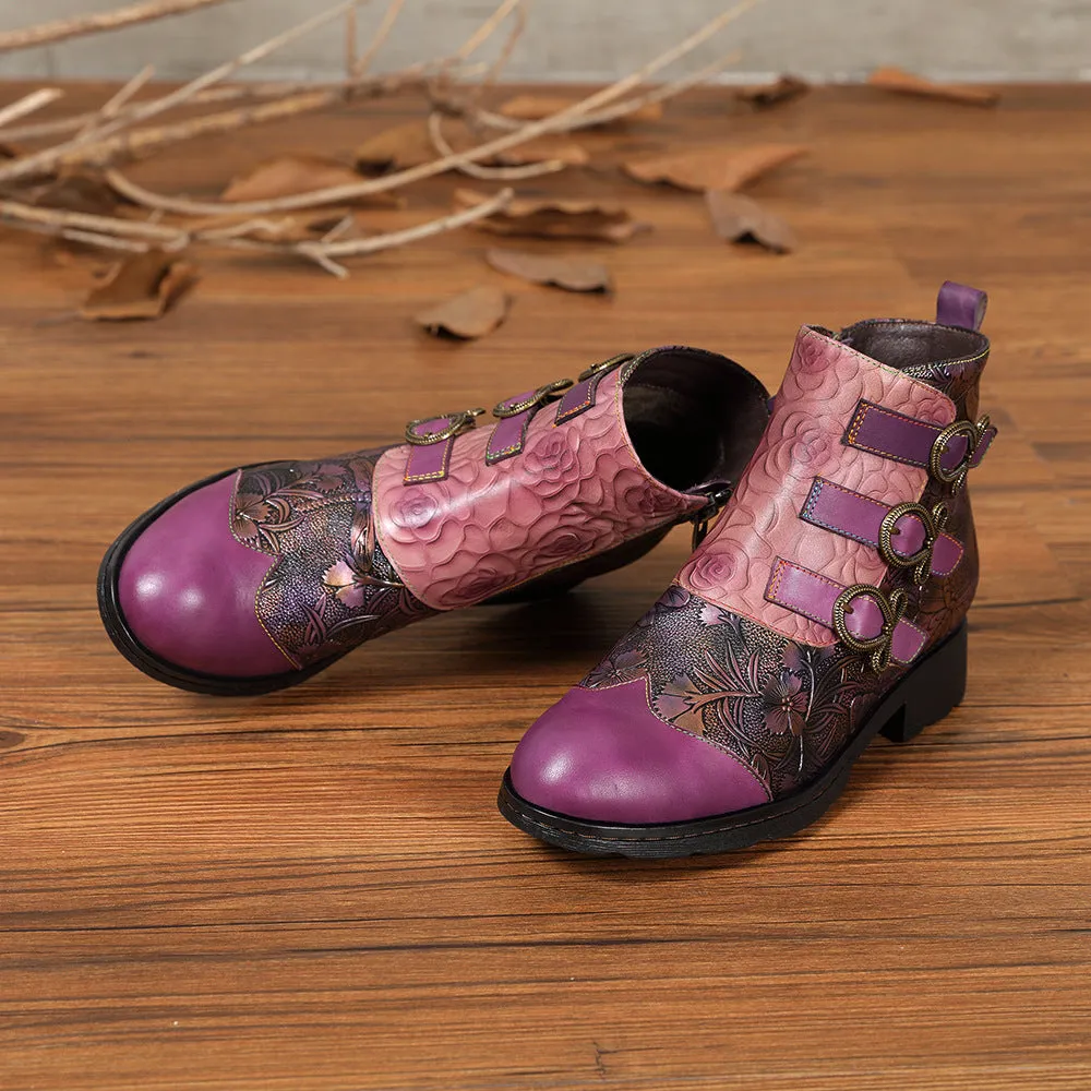 CrazycatZ Womens  Boots Bohemian Block Heels Leather Boots Colorful Leather Ankle Boots Purple