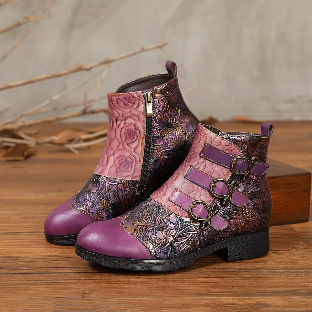 CrazycatZ Womens  Boots Bohemian Block Heels Leather Boots Colorful Leather Ankle Boots Purple