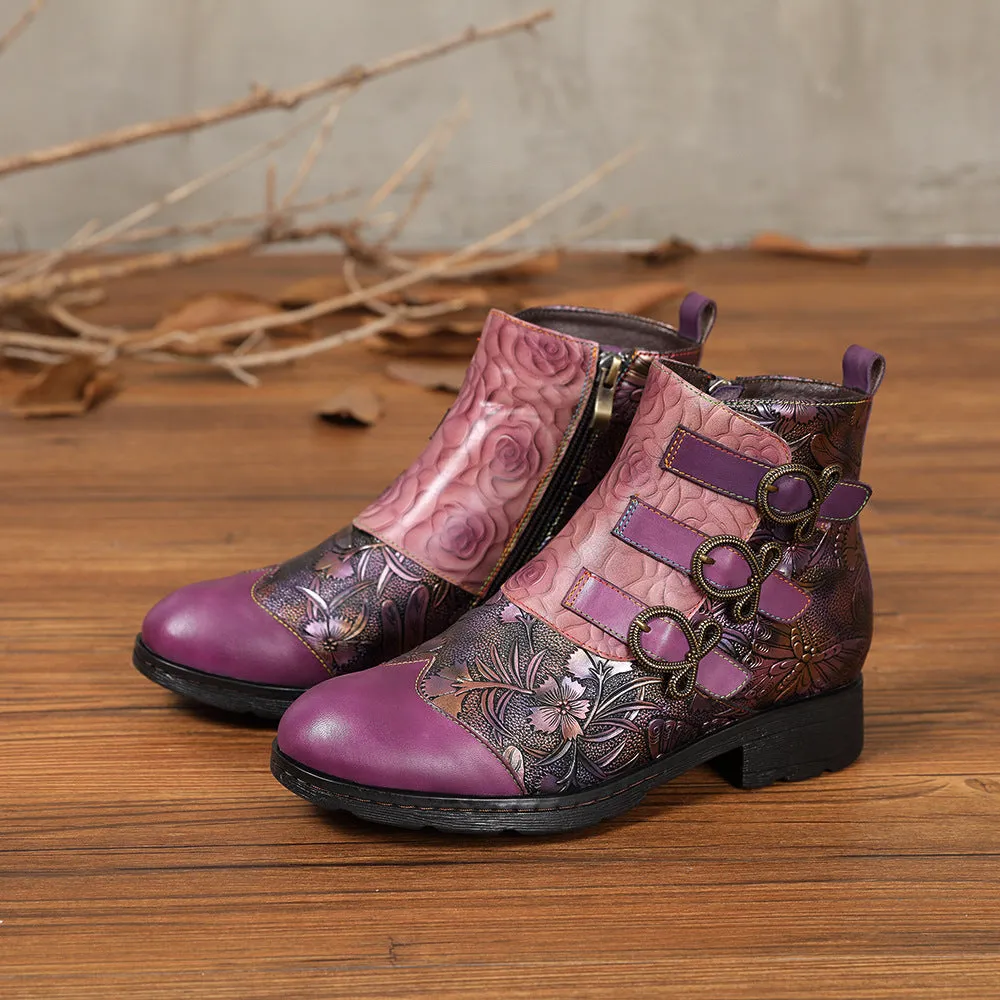 CrazycatZ Womens  Boots Bohemian Block Heels Leather Boots Colorful Leather Ankle Boots Purple