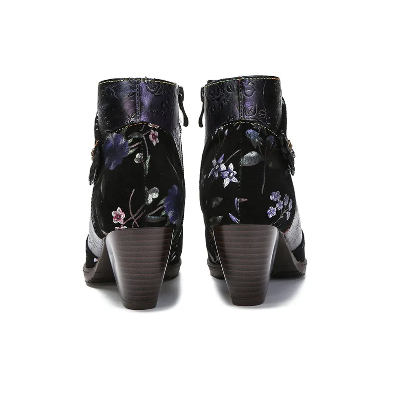 CrazycatZ Womens  Boots Floral Block Heel Leather Western Boots Colorful Leather Boots 23-B