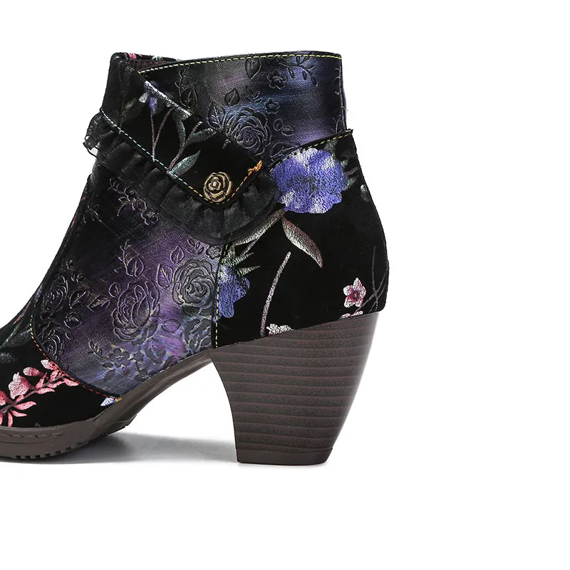CrazycatZ Womens  Boots Floral Block Heel Leather Western Boots Colorful Leather Boots 23-B