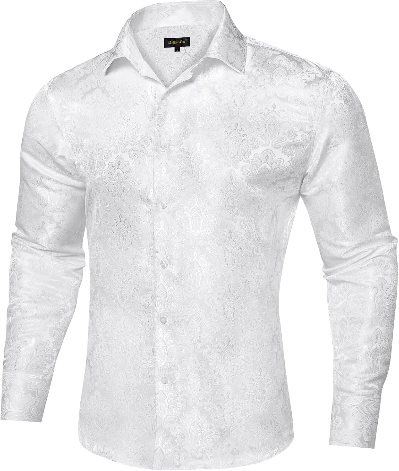 DiBanGu Mens Silk Paisley Dress Shirts,Long Sleeve Button Down Shirt Casual Regular Fit Shirt for Men Wedding Party