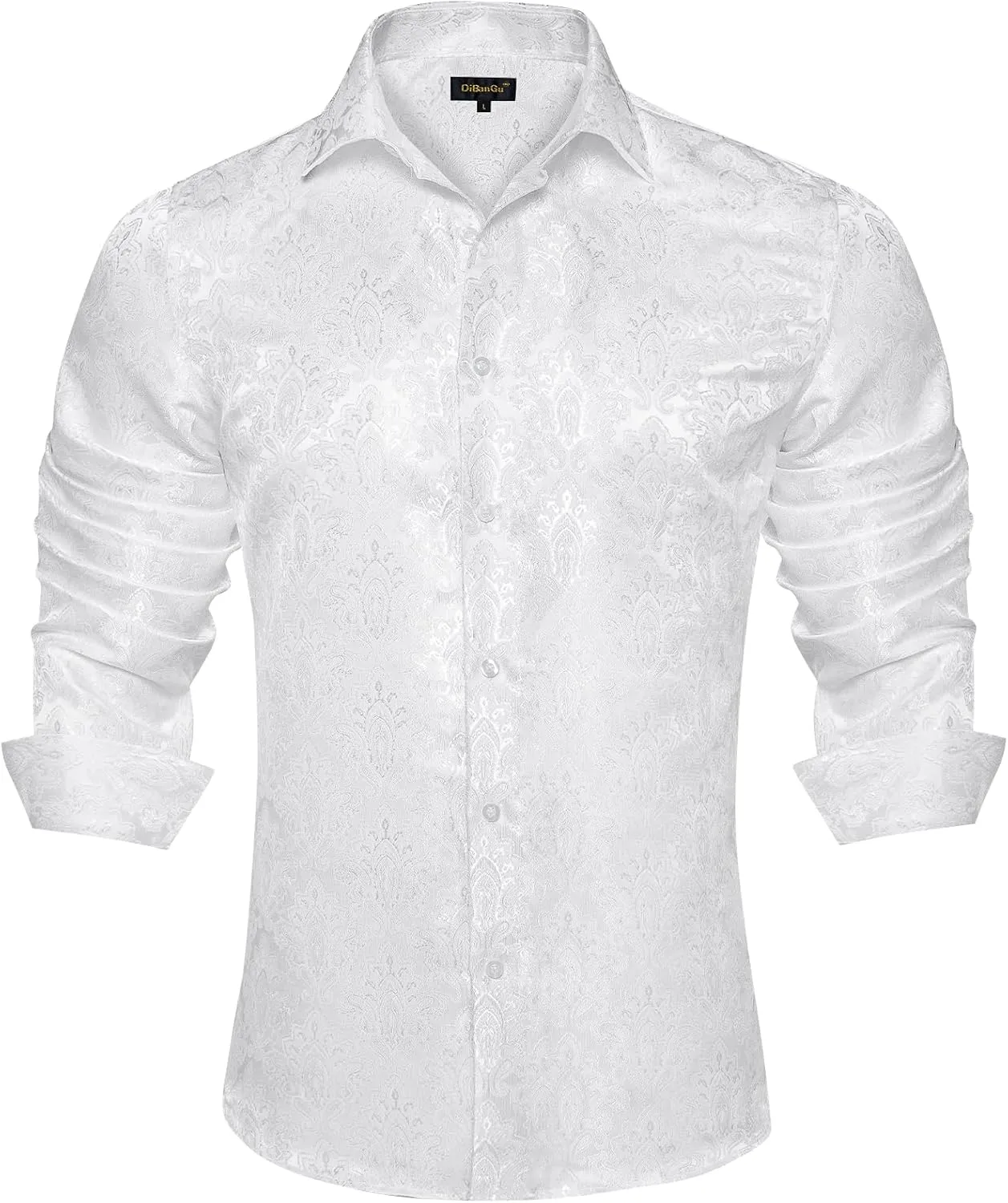 DiBanGu Mens Silk Paisley Dress Shirts,Long Sleeve Button Down Shirt Casual Regular Fit Shirt for Men Wedding Party