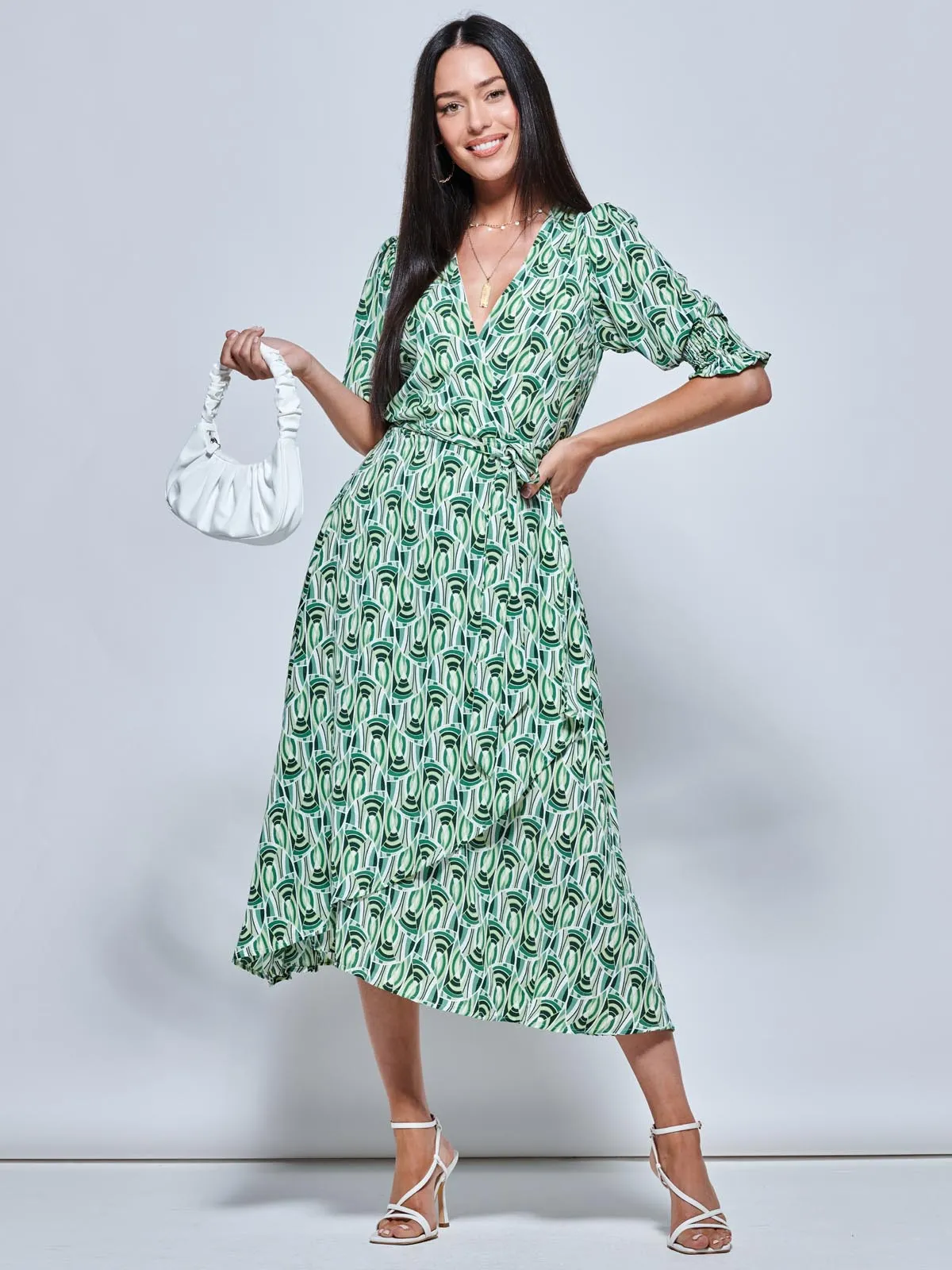 Ellie Crepe Wrap Puff Sleeve Midi Dress, Green Geo