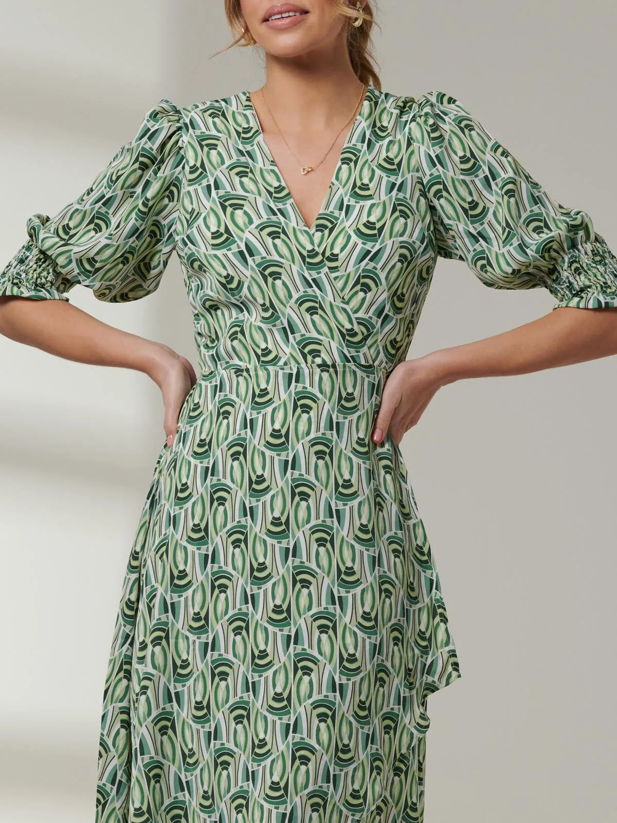 Ellie Crepe Wrap Puff Sleeve Midi Dress, Green Geo