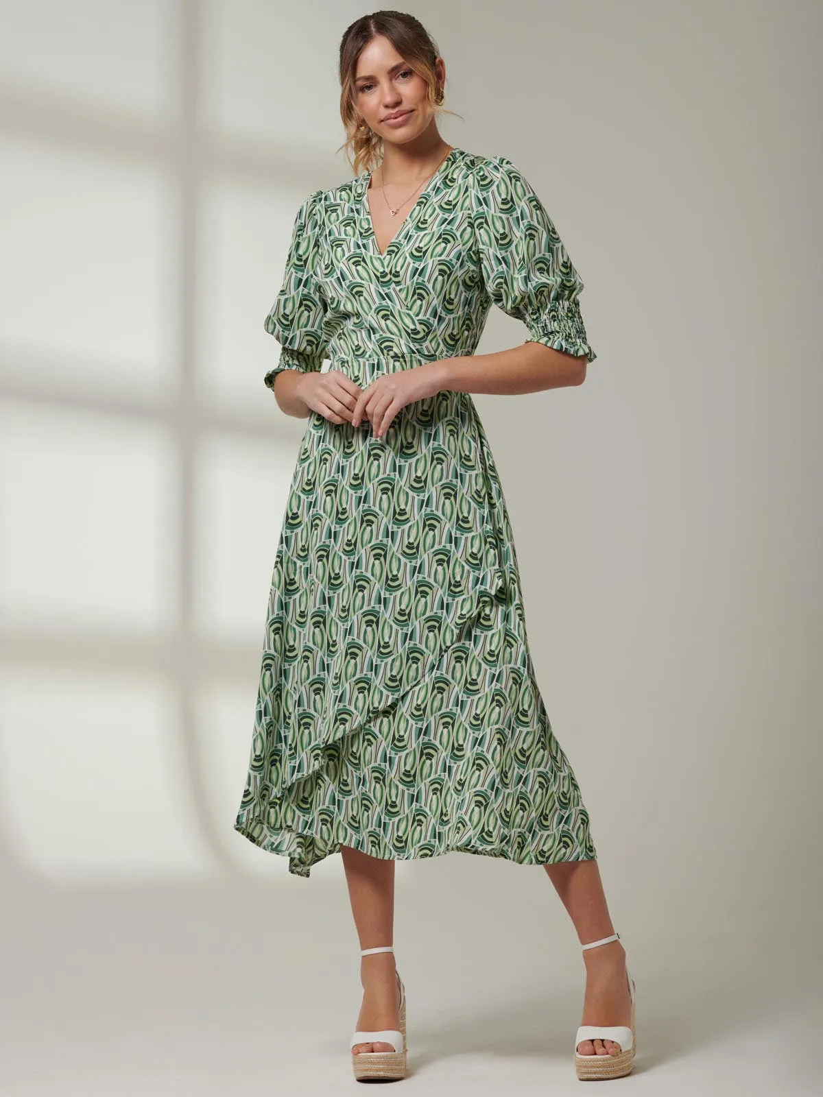 Ellie Crepe Wrap Puff Sleeve Midi Dress, Green Geo