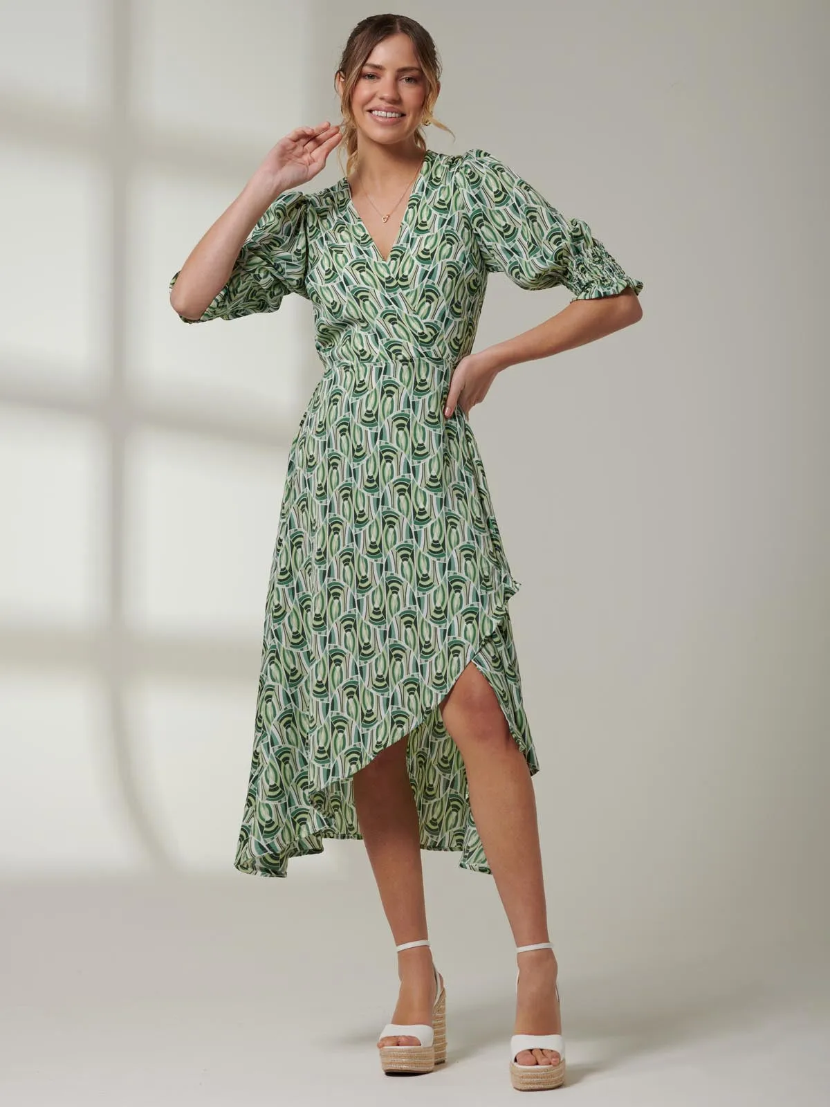 Ellie Crepe Wrap Puff Sleeve Midi Dress, Green Geo