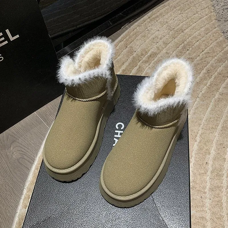 Fleece-lined Short Snow Boots Female Suede Round Toe