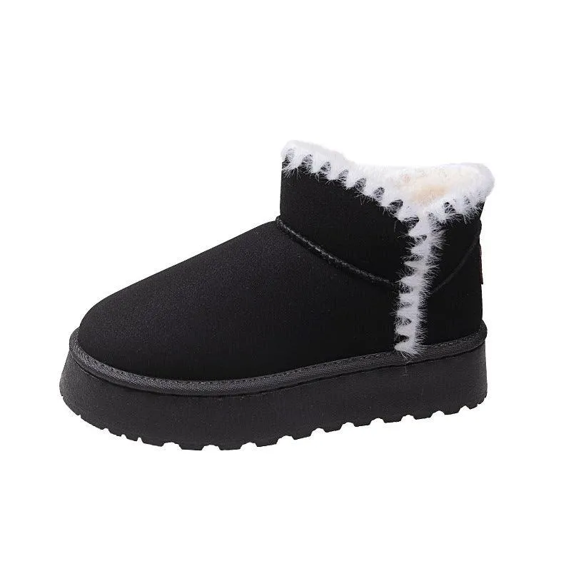 Fleece-lined Short Snow Boots Female Suede Round Toe