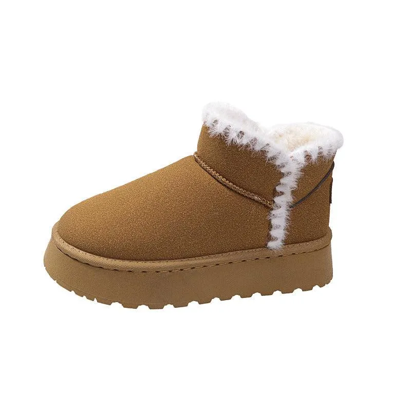 Fleece-lined Short Snow Boots Female Suede Round Toe