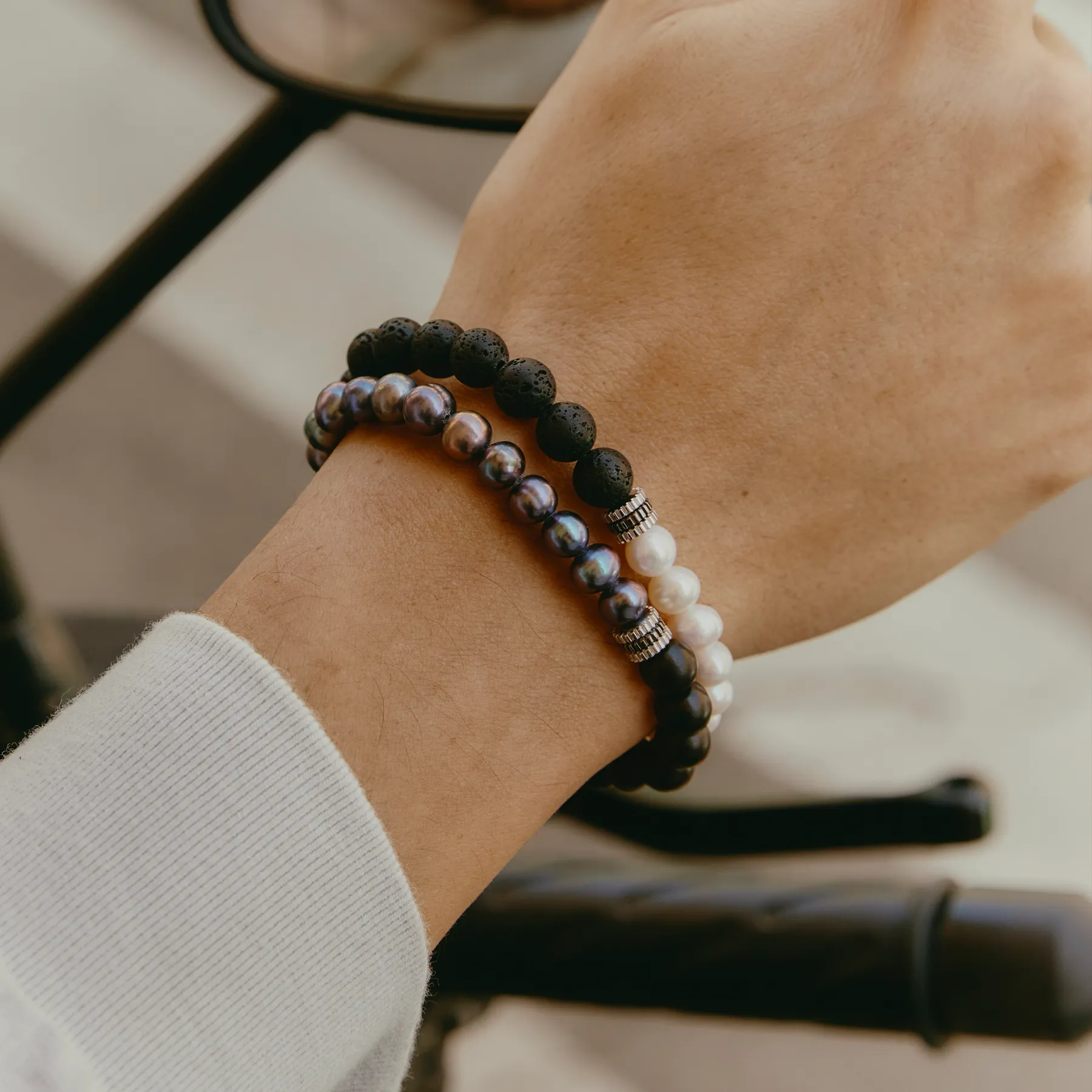 Gear Trio Bracelet With Wood Beads & White Pearls