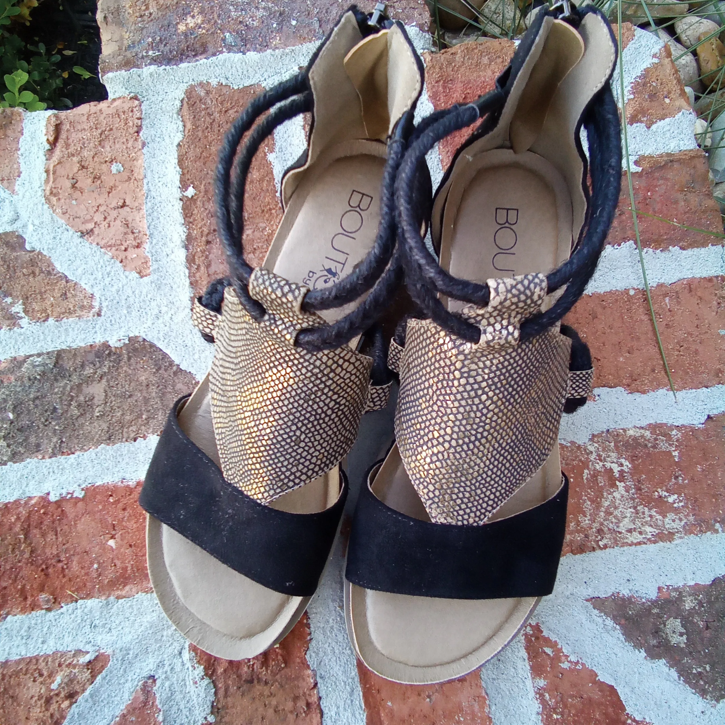 Gladiator Black and Gold Zip Back Sandals  | Boutique by Corkys | Browning