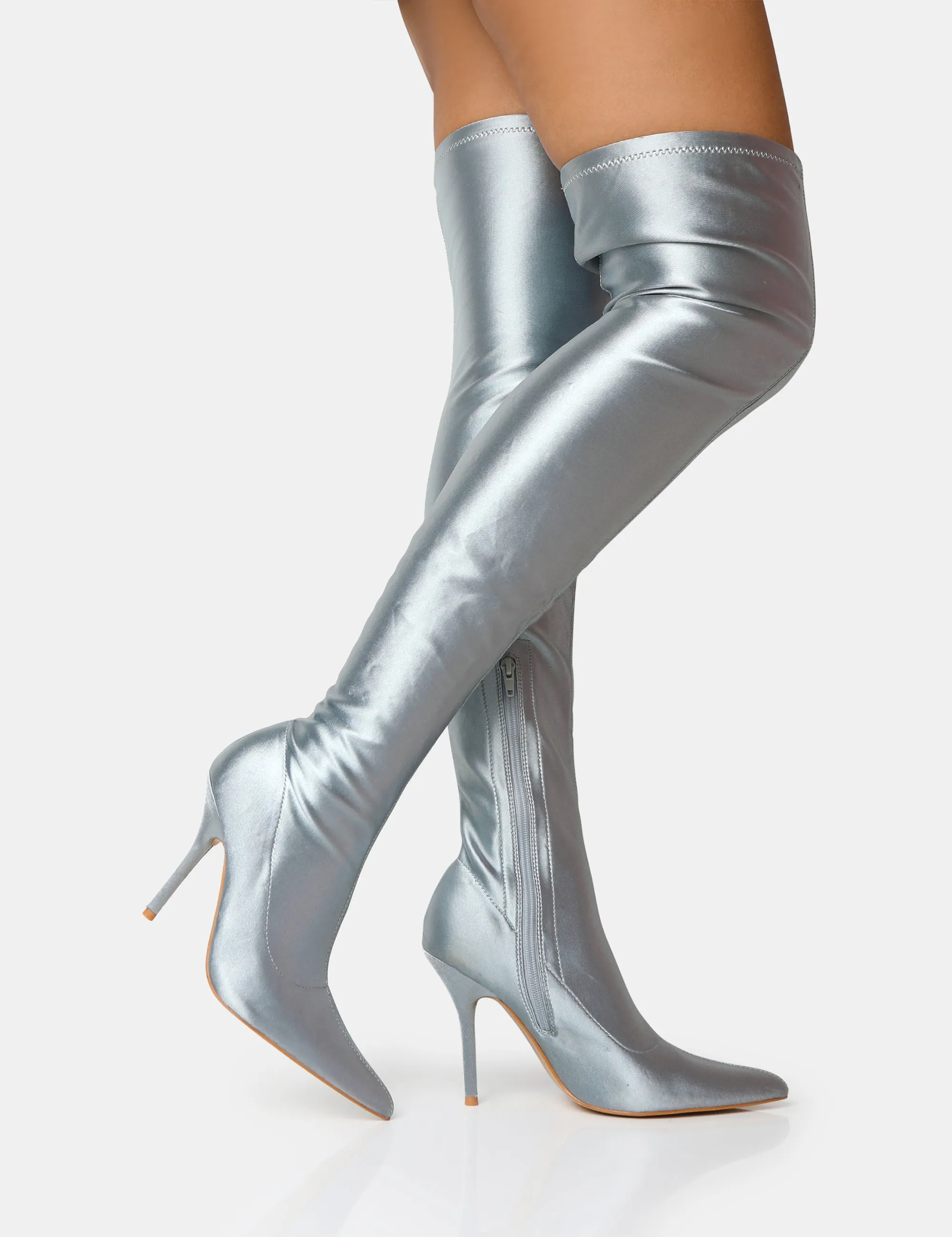 Instinct Silver Lycra Pointed Toe Stiletto Over The Knee Boots