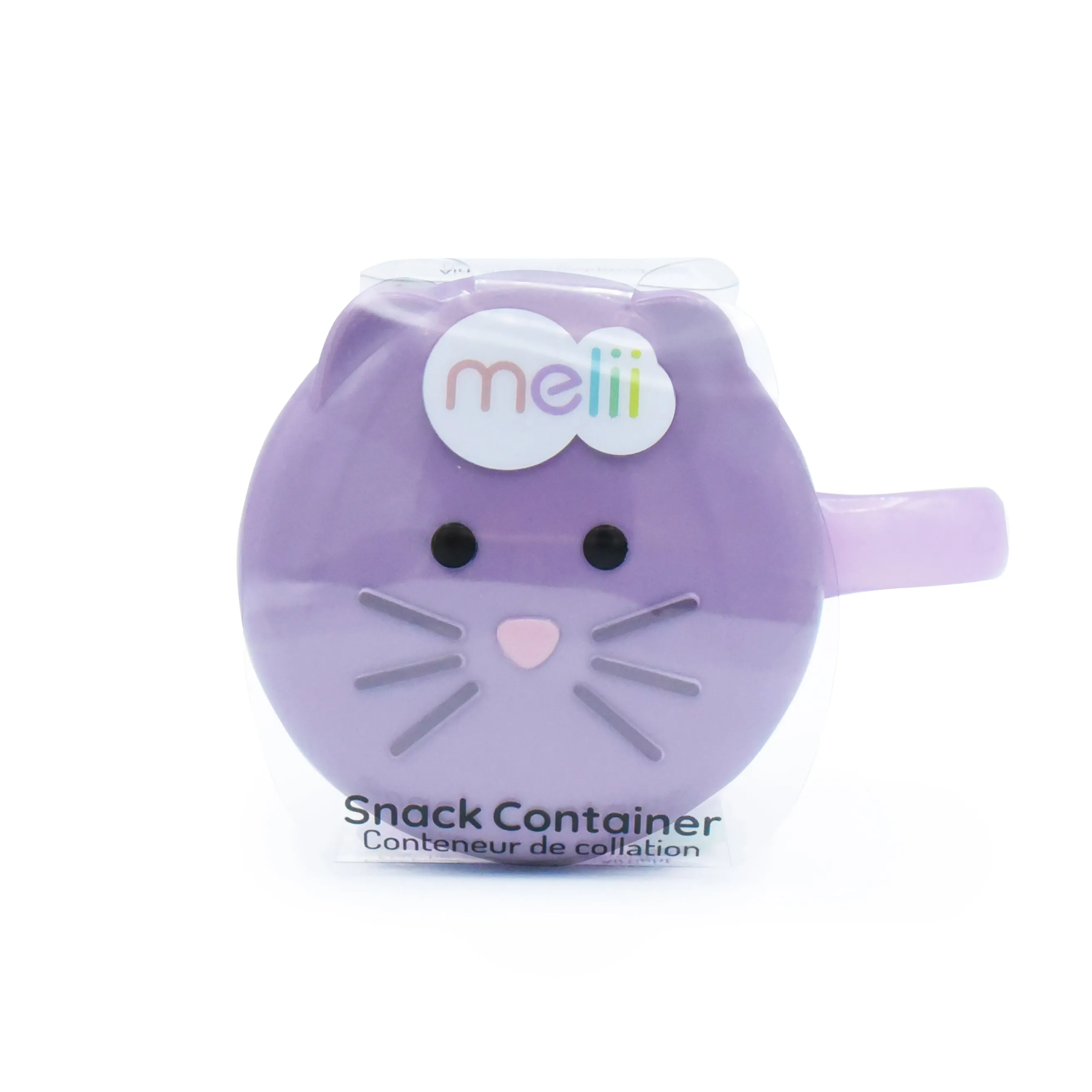 melii Snack Container for Kids - Purple Cat Design Mess Free, Adaptable, and Easy to Hold with Removable Finger Trap - Perfect for Independent Snacking, Travel - BPA Free and Dishwasher Safe