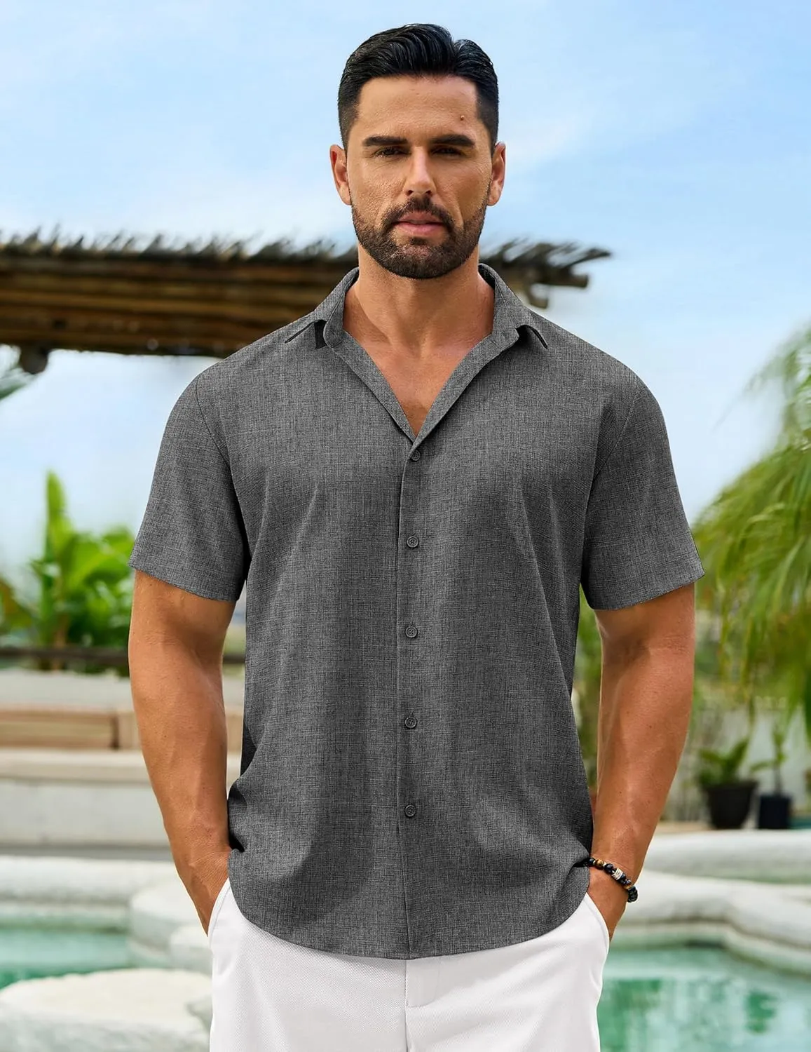 Men's Linen Shirts Short Sleeve Casual Button Down Shirts Summer Beach Wedding Vacation Cotton Tops