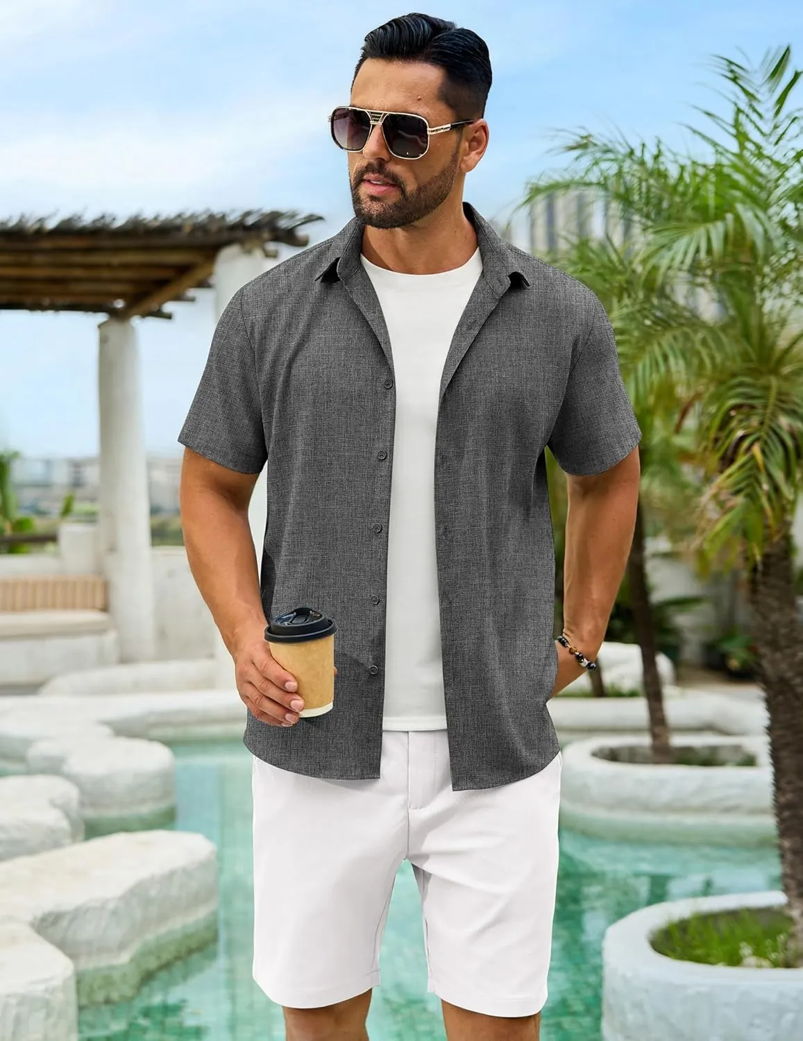 Men's Linen Shirts Short Sleeve Casual Button Down Shirts Summer Beach Wedding Vacation Cotton Tops