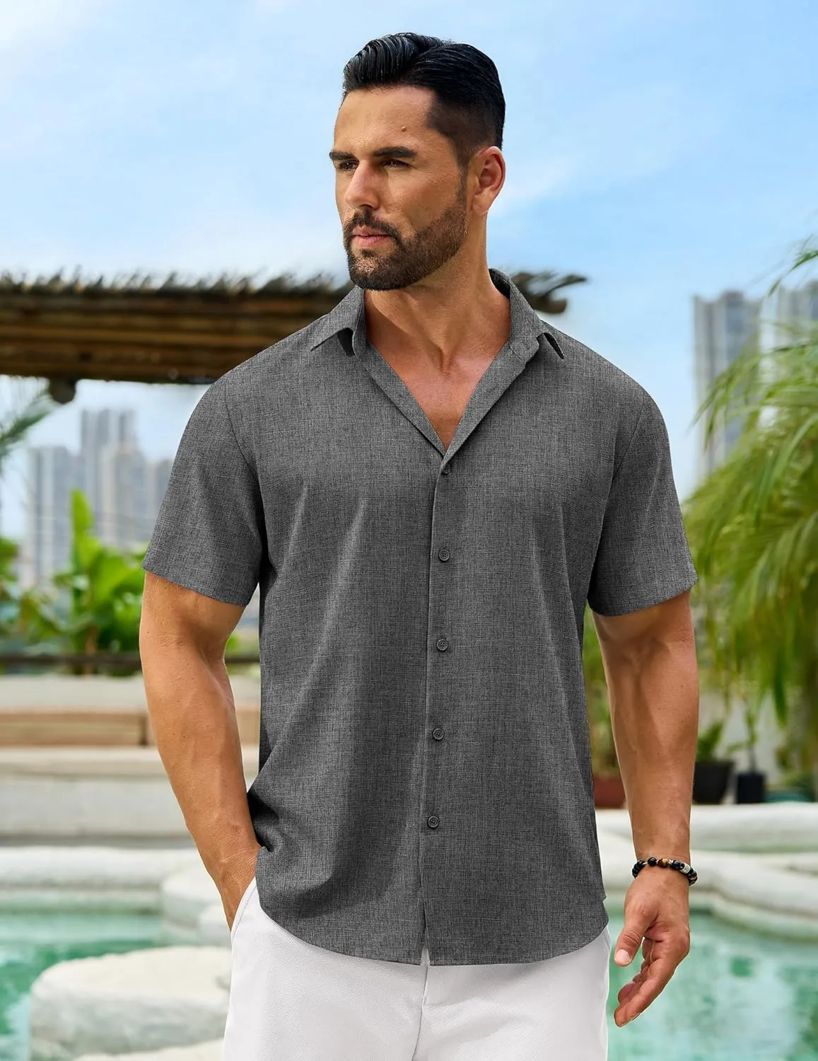 Men's Linen Shirts Short Sleeve Casual Button Down Shirts Summer Beach Wedding Vacation Cotton Tops