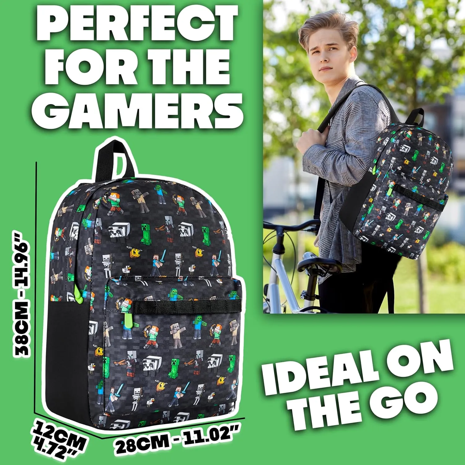 Minecraft Backpack for Boys Kids Teens Adjustable Straps Front Pocket Daypack Backpacks for Sports Gym School Gamer Gifts (Black Aop)