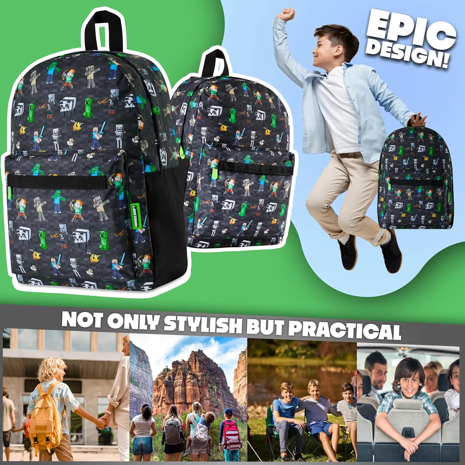 Minecraft Backpack for Boys Kids Teens Adjustable Straps Front Pocket Daypack Backpacks for Sports Gym School Gamer Gifts (Black Aop)