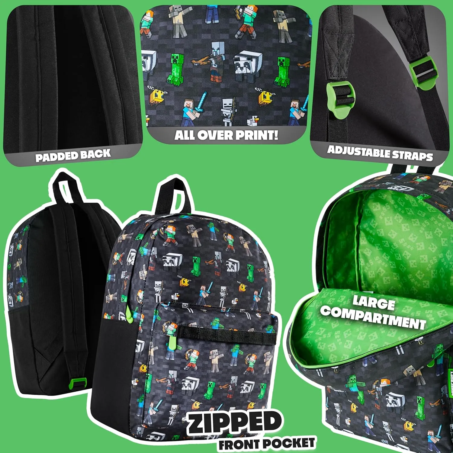 Minecraft Backpack for Boys Kids Teens Adjustable Straps Front Pocket Daypack Backpacks for Sports Gym School Gamer Gifts (Black Aop)