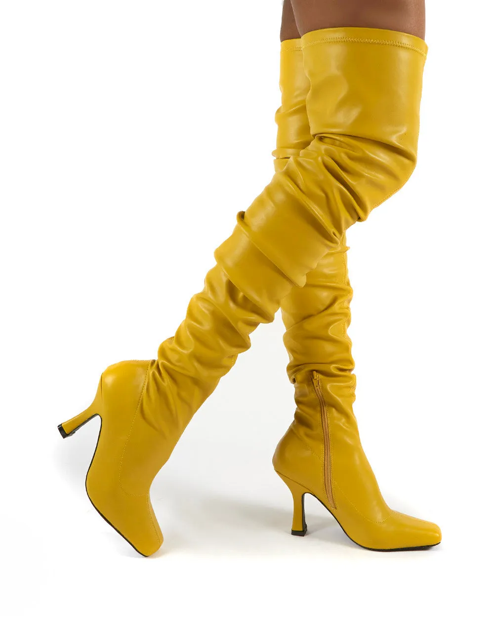 Outlaw Mustard Ruched Over The Knee Heeled Boots