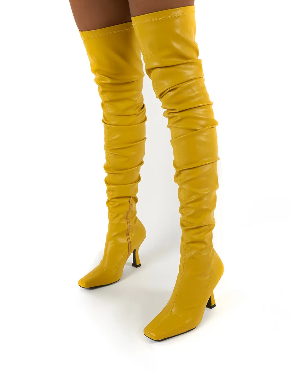 Outlaw Mustard Ruched Over The Knee Heeled Boots