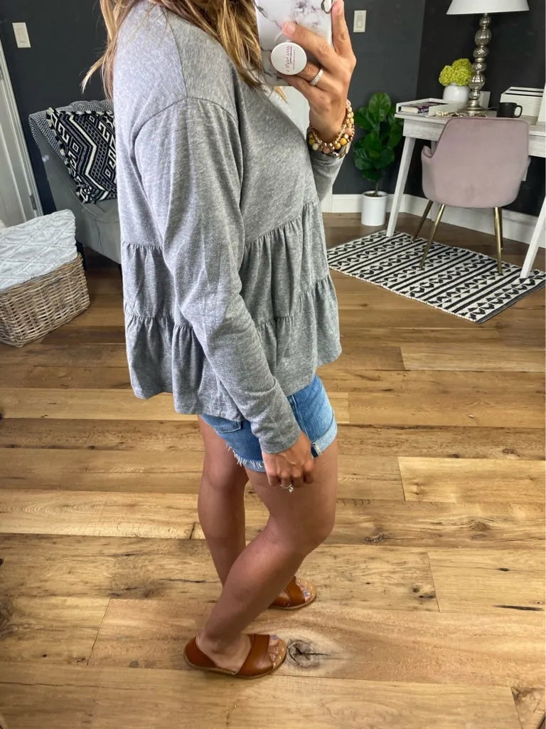 Stand For It Long-sleeve Peplum Tee With Tier Detail - Heather Grey