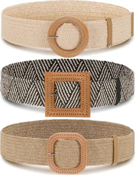 Syhood 3 Pieces Straw Woven Elastic Waist Belt for Women Bohemian Dress Braided Belt