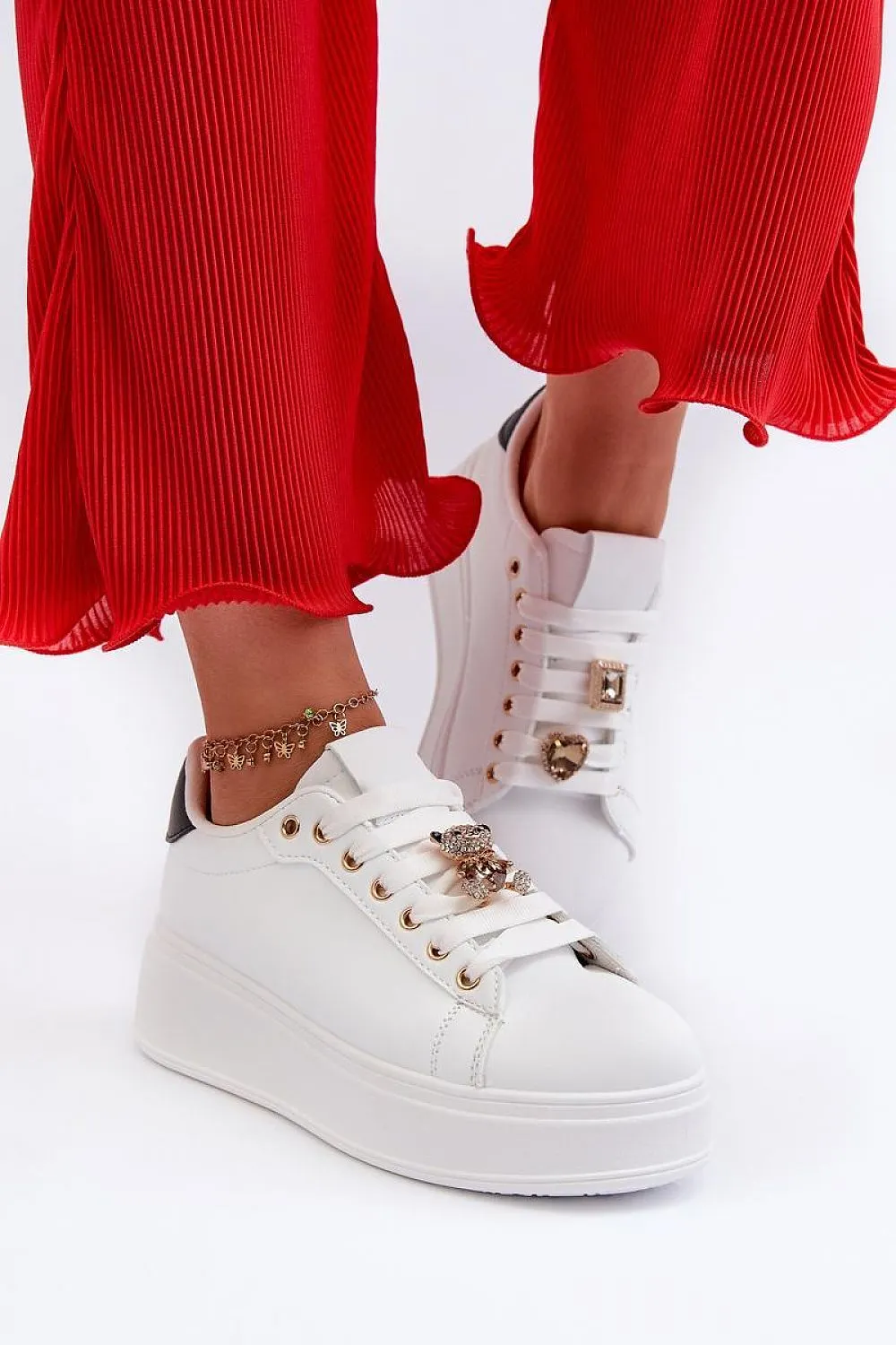 TEEK - Bejeweled Lace White Platform Sneakers